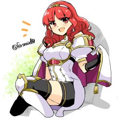 Rule 34 | 1girl, ^^^, armor, black gloves, black thighhighs, blush, boots, breasts, buttons, capelet, celica (fire emblem), commentary, cowboy shot, double-breasted, dress, earrings, elbow gloves, fingerless gloves, fire emblem, fire emblem echoes: shadows of valentia, gloves, jewelry, knee boots, knee guards, looking at viewer, medium breasts, medium hair, nintendo, open mouth, parted bangs, red eyes, red hair, simple background, sitting, smile, solo, thighhighs, thighhighs under boots, thighs, tiara, twitter username, white background, white capelet, white dress, white footwear, white thighhighs, yukia (firstaid0)