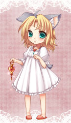 Rule 34 | :o, ahoge, animal ears, blonde hair, commentary request, dress, full body, glint, green eyes, heart, holding, jewelry, konshin, looking at viewer, multicolored hair, necklace, original, pigeon-toed, pink background, puffy short sleeves, puffy sleeves, red footwear, short hair, short sleeves, slippers, solo, standing, tail, white dress