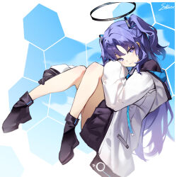 Rule 34 | 1girl, absurdres, ass, black footwear, black skirt, blue archive, blush, boots, closed mouth, commentary, english commentary, full body, halo, highres, jacket, long hair, long sleeves, looking at viewer, mechanical halo, open clothes, open jacket, pleated skirt, purple eyes, purple hair, sakanafish, skirt, smile, solo, white jacket, yuuka (blue archive)