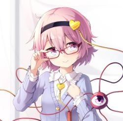 Rule 34 | 1girl, :&gt;, adapted costume, adjusting eyewear, bespectacled, blue sweater, blush, buttons, collared shirt, commentary request, frilled shirt collar, frills, glasses, hair ornament, hairband, heart, heart button, heart hair ornament, komeiji satori, long sleeves, nogisaka kushio, pink hair, purple eyes, red-framed eyewear, shirt, short hair, solo, sweater, third eye, touhou, upper body