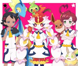 Rule 34 | 1boy, 1girl, absurdres, antenna hair, black hair, blue eyes, border, braid, braided ponytail, bright pupils, brown hair, chloe (pokemon), cinderace, closed mouth, clothed pokemon, colaoud, collared dress, comb, commentary request, creatures (company), dress, eevee, game freak, gen 1 pokemon, gen 8 pokemon, goh (pokemon), grookey, hand up, highres, holding, holding comb, inteleon, korean commentary, long hair, neck tassel, nintendo, on head, pink background, pokemon, pokemon (anime), pokemon (creature), pokemon journeys, pokemon on head, shirt, short hair, short sleeves, shorts, sweatdrop, white border, white dress, white pupils, white shorts, yamper