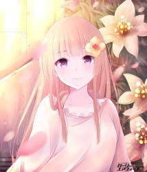 Rule 34 | 1girl, artist name, blurry, blurry foreground, blush, character request, closed mouth, collarbone, commentary request, copyright name, depth of field, dress, flower, girly air force, hair flower, hair ornament, highres, lawnielle, light brown hair, long hair, looking at viewer, petals, pink dress, purple eyes, solo, upper body, very long hair, white flower, yellow flower