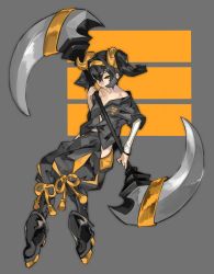 Rule 34 | 1girl, absurdres, armored boots, balance (superdust), bare shoulders, black hair, black pants, black shirt, boots, closed mouth, commentary request, full body, grey background, highres, holding, holding scythe, layered sleeves, long sleeves, looking at viewer, off shoulder, orange background, orange eyes, original, pants, scythe, shirt, short over long sleeves, short sleeves, solo, twintails, two-tone background