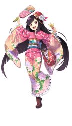 Rule 34 | 1girl, :d, alternate costume, arrow (projectile), bag, bird, black hair, boots, brown footwear, chicken, cross-laced footwear, doi takami, flower, formation girls, full body, gamaguchi, hagoita, handbag, hat, hat flower, highres, japanese clothes, kimono, lace-up boots, long hair, looking at viewer, official art, open mouth, paddle, pink kimono, red eyes, red hat, smile, solo, swept bangs, tokumaro, transparent background, very long hair