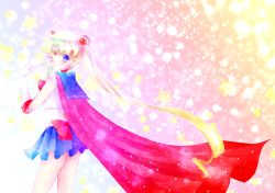 Rule 34 | 1990s (style), 1girl, adapted costume, bishoujo senshi sailor moon, blonde hair, blue eyes, blue sailor collar, blue skirt, bow, cape, double bun, elbow gloves, gloves, hair ornament, hairpin, highres, long hair, looking back, magical girl, mask, multicolored hair, one eye closed, pleated skirt, red bow, sailor collar, sailor moon, skirt, smile, solo, tiara, torao (torakmn), tsukino usagi, twintails, white gloves, white hair, wink