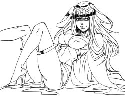 Rule 34 | 1girl, anklet, bad id, bb (baalbuddy), blunt bangs, breasts, cape, circlet, covered erect nipples, fire emblem, fire emblem awakening, greyscale, high heels, inactive account, jewelry, leaning back, legs up, looking at viewer, medium breasts, midriff, monochrome, navel, nintendo, pelvic curtain, shaded face, simple background, smile, solo, tharja (fire emblem), two side up, white background