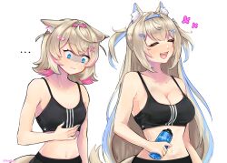 Rule 34 | ..., 2girls, animal ear fluff, animal ears, bandaid, bandaid hair ornament, black pants, black sports bra, blonde hair, blue eyes, blue hair, blue hairband, bottle, breast conscious, breast envy, breasts, cleavage, closed eyes, closed mouth, collarbone, colored inner animal ears, commentary, dog ears, dog girl, english commentary, fuwawa abyssgard, hair intakes, hair ornament, hairband, hairclip, hairpin, highres, holding, holding bottle, hololive, hololive english, large breasts, long hair, medium hair, medium support (meme), meme, midriff, mococo abyssgard, multicolored hair, multiple girls, navel, pants, pink hair, pink hairband, shibedraws, siblings, simple background, sisters, small breasts, sports bra, streaked hair, twins, virtual youtuber, water bottle, white background, x hair ornament, yoga pants