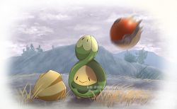 Rule 34 | :&gt;, black eyes, budew, closed mouth, cloud, cloudy sky, commentary, creatures (company), day, fuyu (utngrtn), game freak, gen 4 pokemon, grass, highres, motion blur, nintendo, no humans, outdoors, poke ball, poke ball (legends), pokemon, pokemon (creature), sky, smile, solid oval eyes, solo