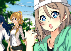 Rule 34 | 3girls, ayase eli, baseball cap, blonde hair, blue eyes, blue hair, blurry, blurry background, blush, breasts, brown hair, collarbone, hair between eyes, hat, highres, in-franchise crossover, jewelry, looking away, love live!, love live! school idol project, love live! sunshine!!, medium breasts, multiple girls, necklace, open mouth, ponytail, scrunchie, short hair, short ponytail, sideways hat, smile, sonoda umi, sparkling eyes, watanabe you, wavy hair, white headwear, zhanzheng zi