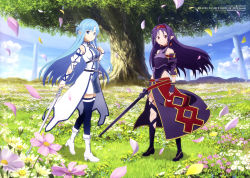 Rule 34 | 2girls, absurdres, ahoge, armor, artist name, asuna (sao-alo), blue eyes, blue hair, blue thighhighs, breastplate, breasts, cherry blossoms, day, detached sleeves, dress, field, fingerless gloves, floating hair, flower, flower field, full body, gloves, headband, high heels, highres, holding, holding sword, holding weapon, long hair, looking at viewer, medium breasts, multiple girls, outdoors, pink flower, pointy ears, purple armor, purple gloves, purple hair, red eyes, short dress, standing, sword, sword art online, thighhighs, tree, very long hair, weapon, white flower, white footwear, yamakuchi mami, yuuki (sao), zettai ryouiki