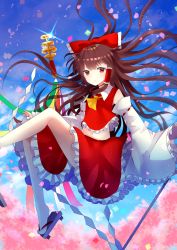 Rule 34 | 1girl, blue sky, bow, brown hair, cherry blossoms, day, detached sleeves, floating hair, frilled bow, frilled skirt, frilled sleeves, frills, hair bow, hair tubes, hakurei reimu, highres, long hair, long sleeves, looking at viewer, midriff, navel, outdoors, parted lips, red bow, red eyes, red shirt, red skirt, ribbon-trimmed sleeves, ribbon trim, sakizaki saki-p, shirt, skirt, sky, sleeveless, sleeveless shirt, solo, sparkle, stomach, touhou, very long hair
