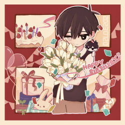 Rule 34 | 1boy, antenna hair, balloon, black eyes, black hair, black sweater vest, bright pupils, brown shorts, cake, candle, character doll, closed mouth, collared shirt, confetti, flower, flower pot, food, forest bunny (omori), gift, hair between eyes, happy birthday, heterochromia, highres, holding, holding flower, omori, omori (omori), shirt, short hair, short sleeves, shorts, smile, sprout, stuffed animal, stuffed toy, sunny (omori), sweater vest, tulip, user yprm7442, white eyes, white flower, white pupils, white tulip