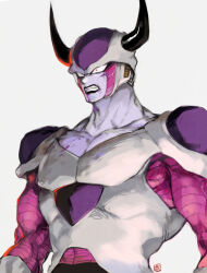 Rule 34 | 1boy, akame (chokydaum), angry, black horns, black lips, clenched teeth, collarbone, dragon ball, dragonball z, frieza, horns, large pectorals, muscular, muscular male, pectorals, red eyes, signature, simple background, solo, teeth