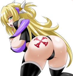 Rule 34 | 1girl, ass, ass tattoo, bent over, black thighhighs, blonde hair, blush, breasts, green eyes, huge breasts, konno tohiro, leotard, long hair, looking back, sideboob, simple background, solo, spread legs, sweat, tattoo, thighhighs, thighs, thong, tongue, tongue out, very long hair, white background