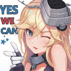 Rule 34 | 10s, ;), ;p, profile picture, bare shoulders, black vest, blonde hair, blue eyes, blush, english text, eyebrows, gloves, hair between eyes, head tilt, iowa (kancolle), kantai collection, leo thasario, long hair, looking at viewer, lowres, one eye closed, pointing, pointing at viewer, simple background, smile, solo, star-shaped pupils, star (symbol), symbol-shaped pupils, tongue, tongue out, tsurime, upper body, vest, white background, white gloves