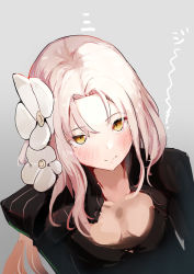 Rule 34 | 1girl, aug (girls&#039; frontline), black dress, blonde hair, blush, breasts, closed mouth, collarbone, dress, flower, from above, girls&#039; frontline, hair between eyes, hair flower, hair ornament, highres, long hair, looking at viewer, simple background, solo, solokitsune, upper body, yellow eyes