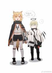 Rule 34 | 1boy, 1girl, ?, aged down, animal ears, arknights, bandaged leg, bandages, black cloak, black footwear, black gloves, black pants, black shorts, blonde hair, blue eyes, chinese commentary, chinese text, cloak, crop top, detached wings, energy wings, executor (arknights), fingerless gloves, fox ears, fox girl, fox tail, full body, gloves, hair ornament, hairclip, halo, hand grab, highres, jacket, jewelry, looking at viewer, material growth, midriff, navel, necklace, open mouth, orange eyes, orange hair, oripathy lesion (arknights), pants, prosthesis, prosthetic arm, sandals, shirt, short hair, shorts, simple background, speech bubble, spoken question mark, standing, sucrying, tail, tooth necklace, vermeil (arknights), weibo watermark, white background, white jacket, white shirt, wings