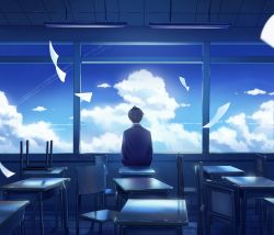 Rule 34 | 1boy, black hair, blazer, blue jacket, blue sky, blue theme, ceiling light, chair, classroom, cloud, commentary request, desk, flying paper, from behind, highres, indoors, jacket, long sleeves, male focus, mige shijiu, original, paper, paper airplane, scenery, school chair, school desk, short hair, sky, solo, window