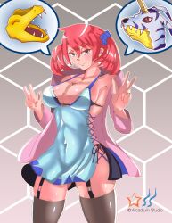 Rule 34 | absurdres, agumon, breasts, cleavage, digimon, double v, gabumon, highres, large breasts, shiramine nokia, smile, star (symbol), twintails, v