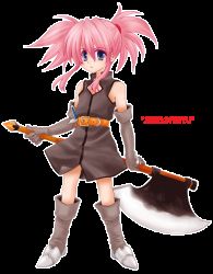 Rule 34 | 00s, 1girl, axe, blue eyes, boots, character name, elbow gloves, gloves, knee boots, knife, pink hair, presea combatir, solo, tales of (series), tales of symphonia, transparent background, twintails, warrior, weapon