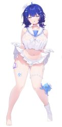 Rule 34 | 1girl, absurdres, ahoge, belt collar, blouse, blue eyes, blue hair, breasts, collar, collarbone, copyright request, curvy, full body, gloves, gogoco, hair intakes, hair ornament, half-closed eyes, heart, heart hair ornament, highres, large breasts, lifted by self, looking at viewer, navel, open mouth, original, pleated skirt, sailor collar, shirt, simple background, skirt, socks, solo, tagme, thigh strap, white background, white gloves, white shirt