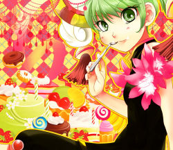 Rule 34 | 10s, 1girl, bad id, bad pixiv id, cake, chinese clothes, doughnut, dragon kid, flower, food, fork, green eyes, green hair, hat, huang baoling, hypoxis, macaron, macaroons, matching hair/eyes, short hair, solo, superhero costume, sweets, tiger &amp; bunny