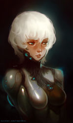 Rule 34 | 1girl, absurdres, artist name, blue eyes, bodysuit, breasts, commentary, english commentary, highres, lips, looking away, medium breasts, nose, nova (warframe), parted lips, rawrden, short hair, solo, taut clothes, upper body, warframe, white hair