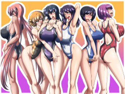 Rule 34 | 00s, 6+girls, ahegao, arm behind head, arm up, armpits, ass, back, bare legs, bare shoulders, black hair, blonde hair, blue eyes, blunt bangs, blush, breast hold, breasts, cleavage, collarbone, company connection, competition swimsuit, crossover, dark-skinned female, dark skin, deep skin, female focus, gradient background, green eyes, grin, groin, hair between eyes, hands on own chest, head tilt, highleg, highleg swimsuit, highres, hip focus, huge ass, igawa asagi, igawa sakura, ingrid (taimanin asagi), kangoku senkan, kneepits, large breasts, legs, lieri bishop, lilith-soft, lineup, long hair, multiple girls, naomi evans, oboro (taimanin asagi), one-piece swimsuit, open mouth, pink hair, profile, purple hair, pussy juice, rolling eyes, saliva, shiny clothes, shiny skin, short hair, sideboob, smile, standing, swimsuit, taimanin (series), taimanin asagi, taimanin murasaki, taro, tears, teeth, thigh gap, thighs, tongue, tongue out, v arms, very long hair