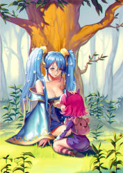 Rule 34 | 2girls, absurdres, animal ears, annie (league of legends), ask (dreaming cat), back, backpack, bag, bare shoulders, blue eyes, blue hair, breasts, bug, chromatic aberration, cleavage, closed mouth, comforting, crying, day, fake animal ears, flower, grass, hair flower, hair ornament, hand on another&#039;s head, highres, insect, ladybug, large breasts, league of legends, long hair, looking at another, low neckline, multiple girls, outdoors, pink hair, short hair, sitting, smile, socks, sona (league of legends), striped clothes, striped legwear, striped socks, stuffed animal, stuffed toy, tears, teddy bear, tree, twintails, very long hair, wariza, wide sleeves