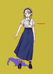 Rule 34 | 1girl, black footwear, blonde hair, blue hairband, blue skirt, braid, bright pupils, character name, commentary request, denim, denim skirt, dungeon meshi, elf, fuji fujino, full body, green eyes, hairband, highres, long hair, long skirt, marcille donato, pointy ears, shadow, shirt, shoes, short sleeves, simple background, skirt, smile, solo, standing, twin braids, white pupils, white shirt, yellow background