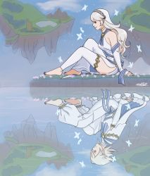 Rule 34 | 1boy, 1girl, barefoot, bug, butterfly, corrin (female) (fire emblem), corrin (fire emblem), corrin (male) (fire emblem), day, dress, fire emblem, fire emblem fates, fire emblem heroes, from side, highres, insect, nintendo, pointy ears, red eyes, reflecting pool, reflection, reflective water, sitting, water, white hair, white legwear