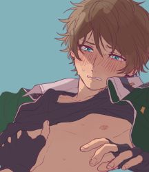 Rule 34 | 10s, 1boy, bad id, bad pixiv id, blue background, blue eyes, blush, brown hair, close-up, clothes lift, ensemble stars!, fingerless gloves, gloves, jacket, looking down, male focus, messy hair, nipples, open clothes, open jacket, ruhhhhhu, shirt lift, simple background, solo focus, sweat, takamine midori, wavy mouth