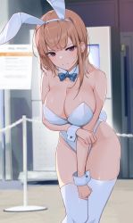 Rule 34 | 1girl, animal ears, bare shoulders, blue bow, blue bowtie, bow, bowtie, breasts, brown hair, cleavage, closed mouth, collarbone, commentary request, detached collar, fake animal ears, fake tail, highres, icomochi, large breasts, leotard, looking at viewer, monochrome bunny, natsume (monochrome bunny), playboy bunny, purple eyes, rabbit ears, rabbit tail, solo, standing, sweatdrop, tail, thighhighs, thighs, white thighhighs