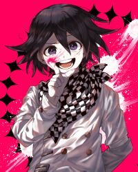 Rule 34 | 1boy, arm behind back, arm belt, belt, black scarf, blood, blood on face, blood splatter, buttons, checkered clothes, checkered scarf, colored tips, crazy, crazy eyes, danganronpa (series), danganronpa v3: killing harmony, double-breasted, finger to cheek, hair between eyes, jacket, male focus, multicolored background, multicolored hair, oma kokichi, open mouth, pale skin, pink background, pink blood, purple eyes, purple hair, scarf, short hair, simple background, smeared blood, smile, solo, straight-on, teeth, two-tone scarf, upper body, white belt, white blood, white jacket, white scarf, zongil salryeo