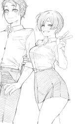 Rule 34 | 1boy, 1girl, arm grab, blush, collared shirt, highres, long sleeves, looking at another, looking at viewer, mole, mole under mouth, monochrome, original, ratatatat74, shirt, short hair, simple background, skirt, sleeves rolled up, smile, sweatdrop, teeth, v