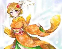 Rule 34 | 1girl, absurdres, artist name, artist request, blush, brown hair, female focus, floral print, flower, flower print, hair between eyes, hair flower, hair ornament, highres, japanese clothes, kimono, koizumi hanayo, long sleeves, love live!, love live! school idol project, orange kimono, parted lips, pink flower, purple eyes, red flower, short hair, smile, solo, umi-chan (umi-chan koubou)
