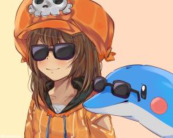 Rule 34 | 1girl, brown hair, closed mouth, collarbone, dolphin, drawstring, guilty gear, guilty gear strive, hat, highres, hood, hoodie, inflatable dolphin, inflatable toy, long hair, may (guilty gear), mil17459623, parted bangs, pirate hat, smile, sunglasses