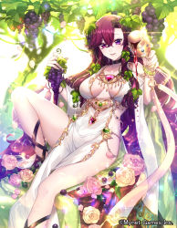 Rule 34 | 1girl, bangle, bead bracelet, beads, black choker, bracelet, breasts, choker, company name, cup, dress, flower, food, fruit, gem, glint, chalice, grapes, gyakushuu no fantasica, hair between eyes, hair fruit, leaf hair ornament, hand up, highres, holding, holding cup, holding food, holding fruit, jewelry, katagiri hachigou, knee up, long hair, looking at viewer, medium breasts, official art, petals, pouring, purple eyes, purple hair, sitting, smile, solo, sparkle, very long hair, white dress