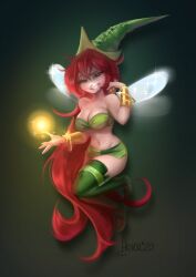 Rule 34 | absurdly long hair, artist name, bare shoulders, betilla (rayman), breasts, cleavage, fairy, fairy wings, full body, green eyes, green headwear, green thighhighs, green tube top, half-closed eyes, highres, ladystarpanda, long hair, medium breasts, midriff, navel, parted lips, rayman origins, red hair, signature, smile, sparkle, strapless, thighhighs, tube top, very long hair, wings