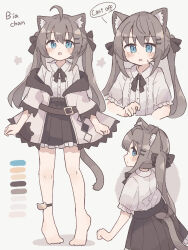 Rule 34 | 1girl, :o, absurdres, ahoge, animal ear fluff, animal ears, anklet, barefoot, black skirt, blue eyes, blush, brown hair, cat ears, cat girl, cat tail, collared shirt, colon br, cropped torso, dot nose, hair between eyes, high-waist skirt, highres, hood, hood down, hooded jacket, jacket, jewelry, legs apart, long bangs, long hair, long sleeves, low twintails, miniskirt, multiple views, off shoulder, open clothes, open jacket, open mouth, original, pleated skirt, profile, raised eyebrows, shirt, shirt tucked in, sidelocks, simple background, skirt, straight-on, tail, turnaround, twintails, white background, white jacket, white shirt