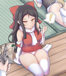 Rule 34 | !, 1boy, 2girls, ass, banknote, black hair, bow, breasts, brown eyes, commentary request, cookie (touhou), detached sleeves, full body, hair bow, hakurei reimu, holding, holding money, kaiji, long hair, looking at viewer, medium breasts, miramikaru riran, money, multiple girls, no panties, no pants, open mouth, panties, parnkgjas, pov, pov hands, prostitution, red bow, red shirt, scarf, shiromiya rei, shirt, side-tie panties, sitting, sleeve bow, sleeveless, sleeveless shirt, solo focus, spoken exclamation mark, tatami, thighhighs, thumbs up, touhou, underwear, white panties, white scarf, white shirt, white sleeves, white thighhighs, yokozuwari