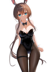 Rule 34 | 1girl, absurdres, amiya (arknights), animal ears, arknights, black bow, black bowtie, black leotard, black pantyhose, blue eyes, bow, bowtie, breasts, brown hair, cleavage, detached collar, fishnet pantyhose, fishnets, highres, lahz52, leotard, long hair, looking at viewer, medium breasts, pantyhose, playboy bunny, rabbit ears, simple background, smile, solo, strapless, strapless leotard, white background, wrist cuffs