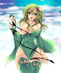 Rule 34 | 1990s (style), 1girl, blush, breasts, cameltoe, detached sleeves, final fantasy, final fantasy iv, flieger, green hair, hip focus, large breasts, leotard, outdoors, purple eyes, rydia (ff4), sky, solo, thighhighs, whip, wide hips