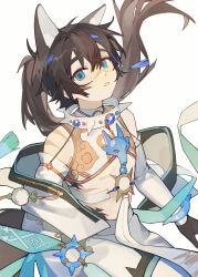 1boy absurdres aqua_eyes bishounen black_gloves commentary cowboy_shot crop_top detached_sleeves floating_hair garu_(nu_carnival) gloves highres male_focus nu_carnival parted_lips ponytail shirt sideways_glance simple_background sleeveless sleeveless_shirt solo stomach symbol-only_commentary teeth three_quarter_view white_background yuumii_0120 zero_gravity