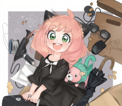 Rule 34 | 1girl, ahoge, animal hands, anya (spy x family), black dress, black umbrella, blush, bow, child, collarbone, dress, eyelashes, female focus, flower, folder, formal, girutea, green eyes, grey background, highres, holding, holding suitcase, looking at viewer, open mouth, peanut, pink hair, simple background, smile, solo, spy x family, standing, stuffed animal, stuffed toy, suit, suitcase, sunglasses, tagme, tail, teeth, tongue, umbrella, upper teeth only, white background, white bow, wings, wire