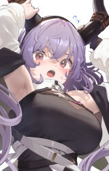 Rule 34 | 1girl, arknights, armpit crease, armpits, black shirt, breasts, chest harness, embarrassed, flying sweatdrops, from below, harness, highres, holding own horn, horns, jacket, large breasts, long bangs, long hair, open clothes, open jacket, open mouth, purple hair, red eyes, satsuki neko, shirt, solo, strap, teeth, typhon (arknights), underbust, upper teeth only, very long hair, white jacket