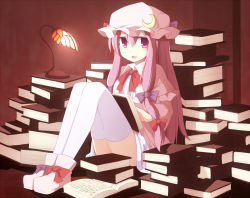 Rule 34 | 1girl, book, book stack, bow, capelet, crescent, dress, full body, hair bow, hat, indoors, lamp, long hair, long sleeves, looking at viewer, mob cap, narira, open book, open mouth, patchouli knowledge, purple eyes, purple hair, ribbon, shoes, sitting, smile, solo, thighhighs, touhou, white thighhighs, wide sleeves