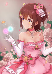 Rule 34 | 1girl, absurdres, bare shoulders, blush, breasts, brown hair, bug, butterfly, choker, cleavage, collarbone, detached sleeves, dress, falling petals, flower, flower ornament, glowing butterfly, highres, idolmaster, idolmaster million live!, insect, kasuga mirai, koaya, looking to the side, one side up, petals, pink choker, pink dress, pink flower, pink rose, rose, small breasts, solo