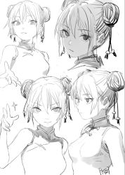 Rule 34 | 1girl, alternate costume, alternate hairstyle, artist name, bare arms, bare shoulders, breasts, china dress, chinese clothes, commentary, cropped torso, double bun, dress, fkey, greyscale, hair between eyes, hair bun, looking at viewer, medium breasts, monochrome, multiple views, remilia scarlet, short hair, signature, simple background, sketch, sleeveless, sleeveless dress, smile, sparkle, touhou, upper body, white background