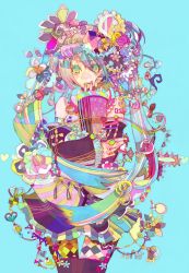 Rule 34 | 1girl, abstract, bad id, bad pixiv id, blue background, colorful, detached sleeves, flower, hatsune miku, heart, highres, long hair, looking at viewer, morino mao, morinomao, musical note, necktie, pop art, simple background, skirt, solo, thighhighs, twintails, vocaloid, zettai ryouiki